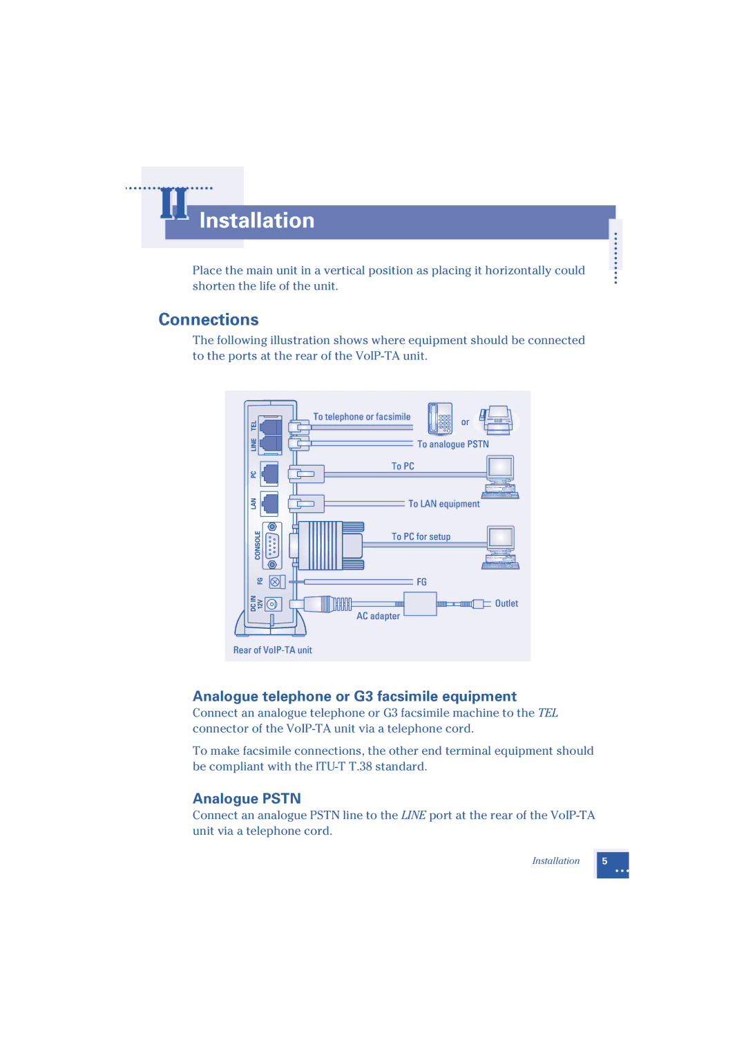 Oki 1.2 manual II Installation, Connections, Analogue telephone or G3 facsimile equipment, Analogue Pstn 