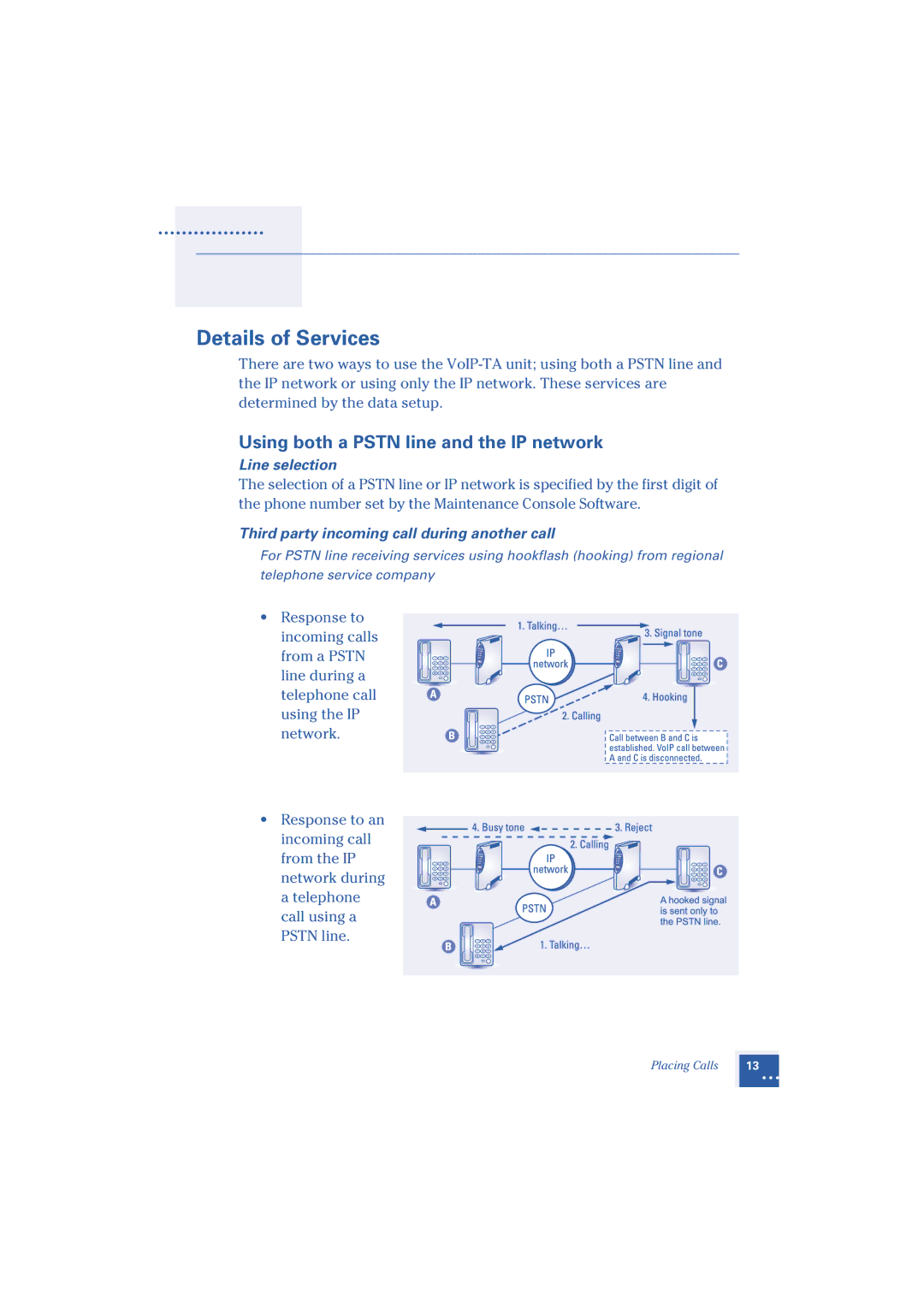 Oki 1.2 manual Details of Services, Using both a Pstn line and the IP network, Line selection 