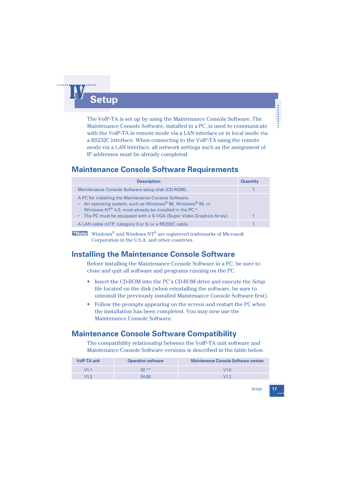 Oki 1.2 manual IV Setup, Maintenance Console Software Requirements, Installing the Maintenance Console Software 