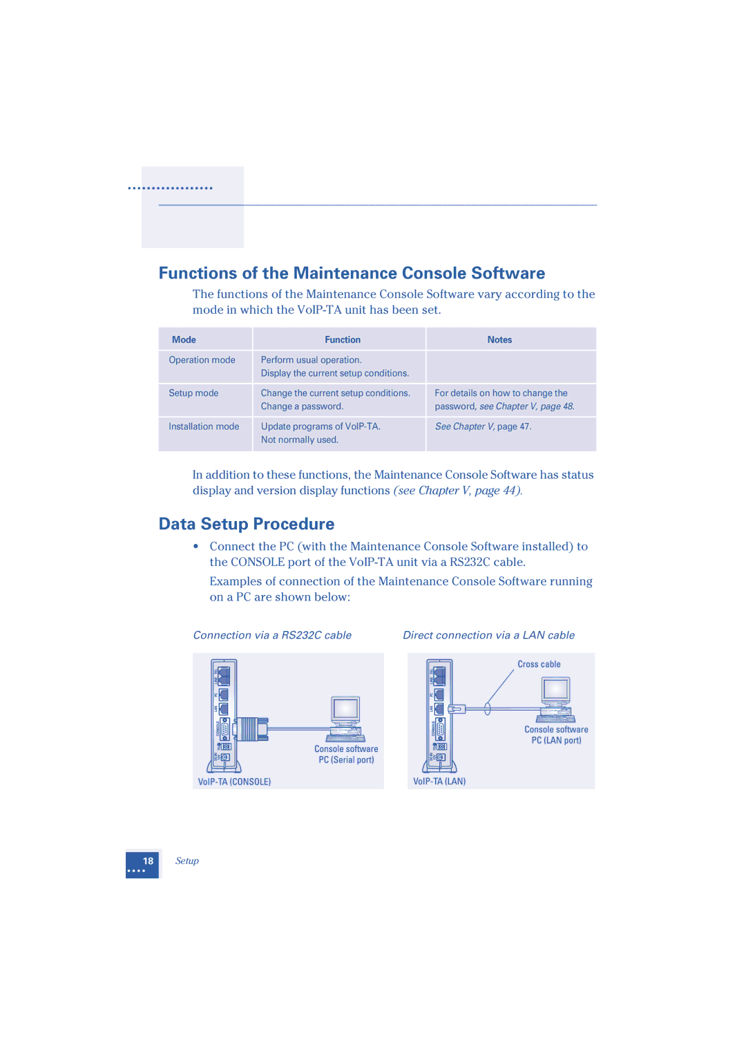 Oki 1.2 manual Functions of the Maintenance Console Software, Data Setup Procedure, Mode Function, Password, see Chapter V 