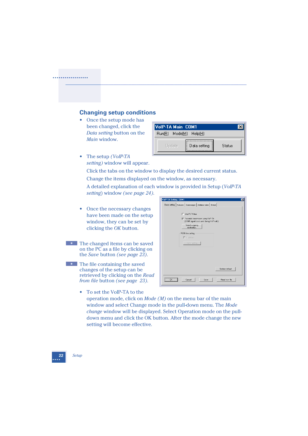 Oki 1.2 manual Changing setup conditions 