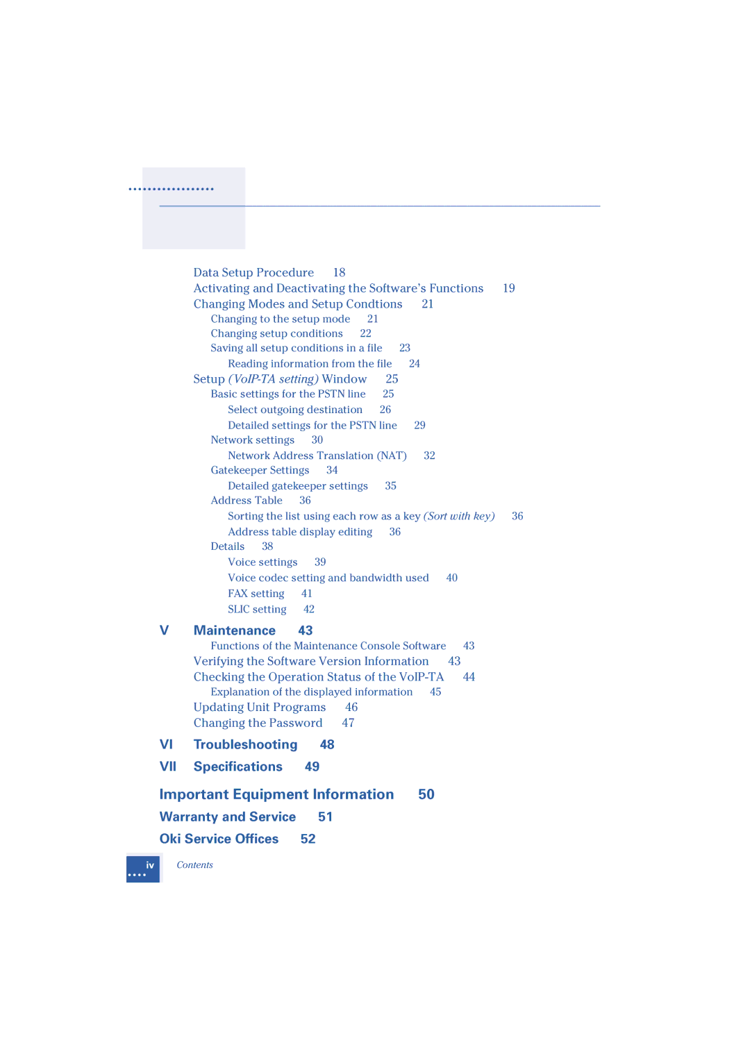 Oki 1.2 manual Important Equipment Information, Setup VoIP-TA setting Window 