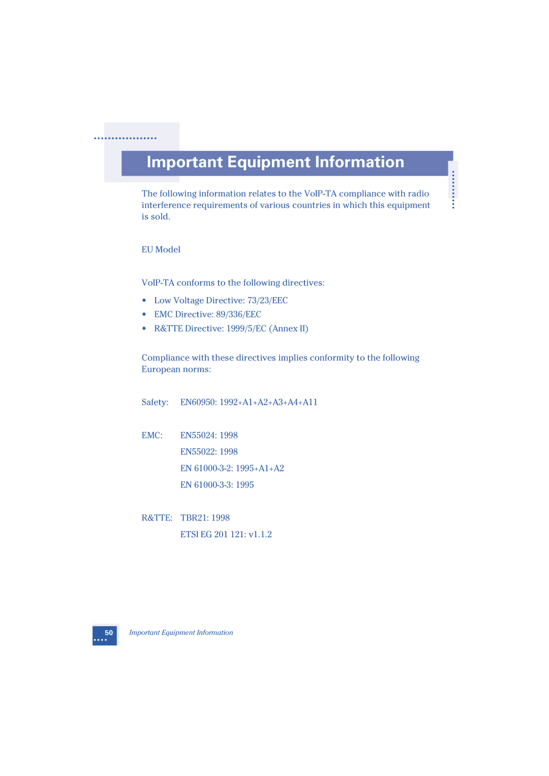 Oki 1.2 manual Important Equipment Information 