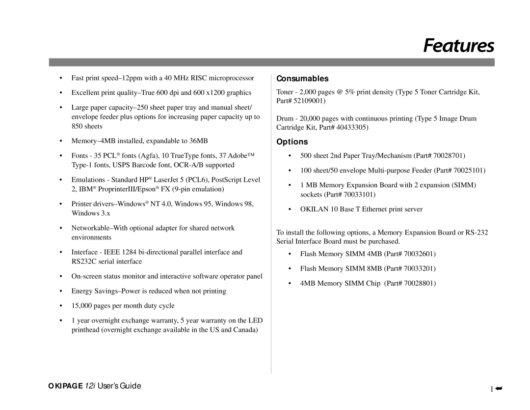 Oki manual Consumables, Options, Okipage 12i User’s Guide 