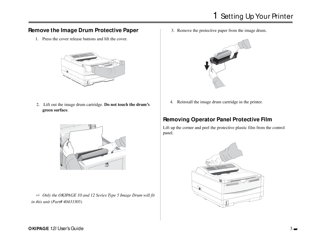 Oki 12i manual Setting Up Your Printer, Remove the Image Drum Protective Paper, Removing Operator Panel Protective Film 