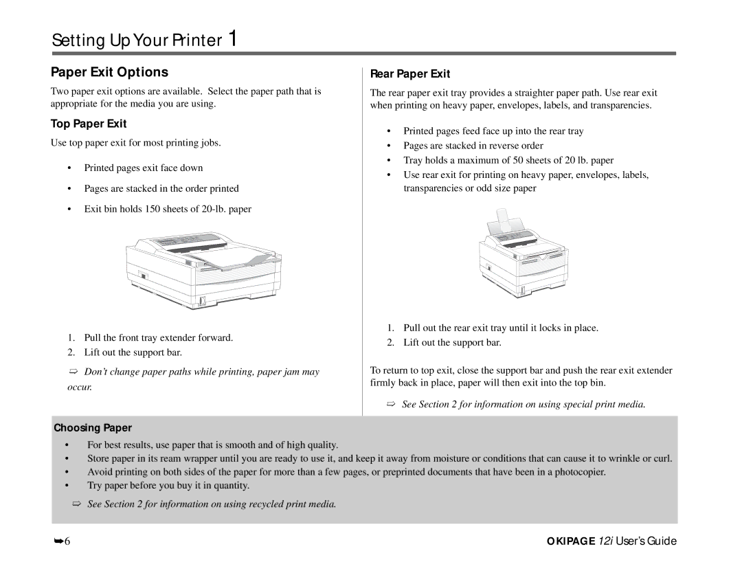 Oki 12i manual Paper Exit Options, Top Paper Exit, Rear Paper Exit, Choosing Paper 