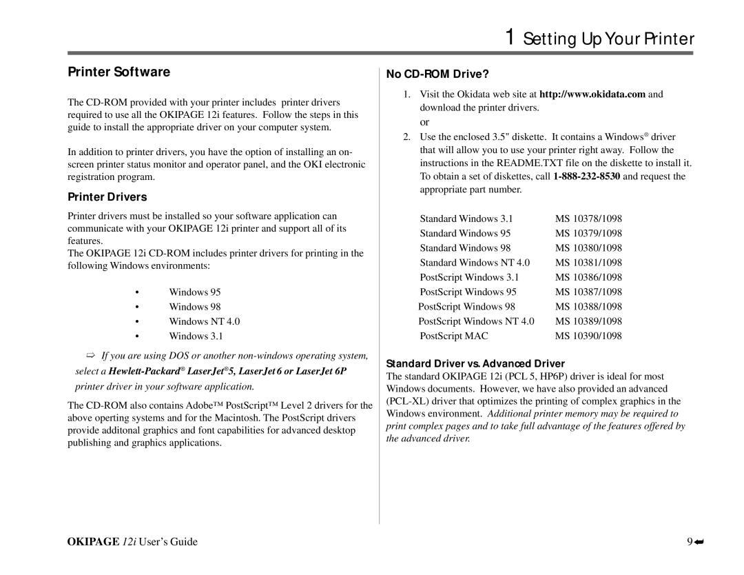 Oki 12i manual Printer Software, Printer Drivers, No CD-ROM Drive?, Standard Driver vs. Advanced Driver 