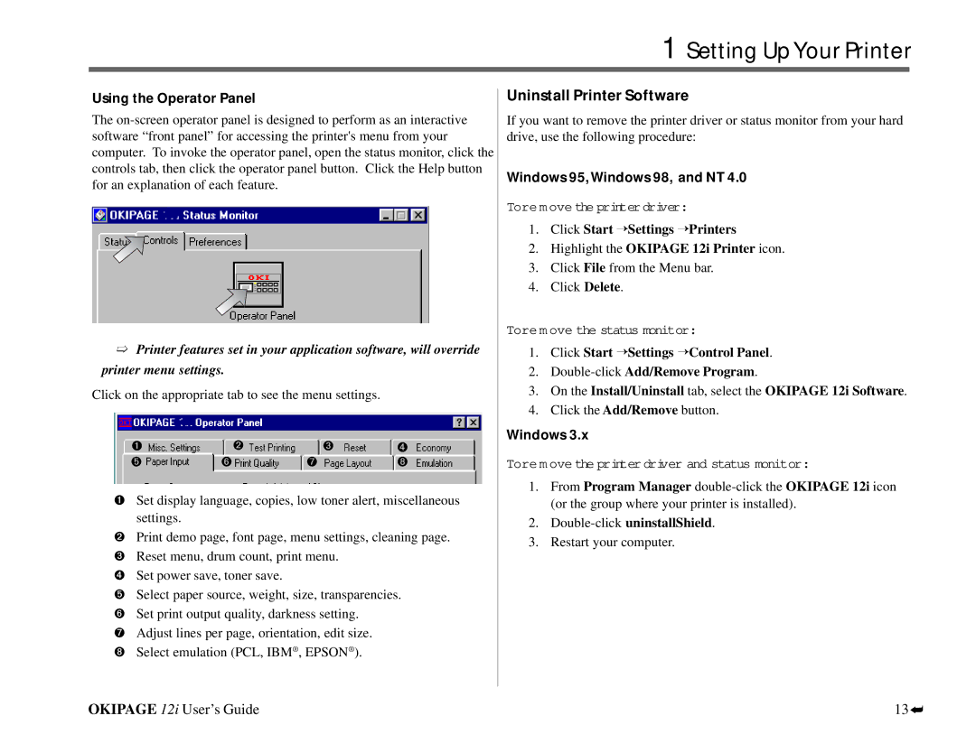 Oki 12i manual Uninstall Printer Software, Using the Operator Panel, Windows 95, Windows 98, and NT 