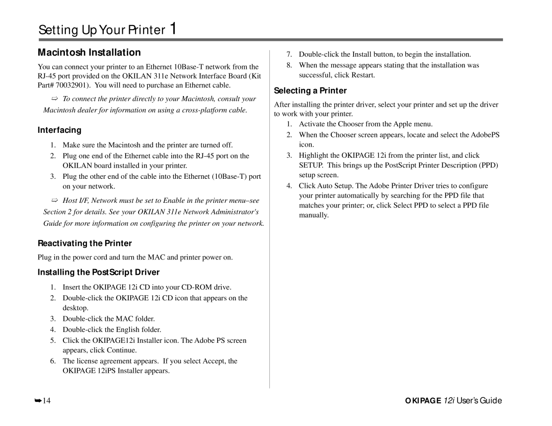 Oki 12i manual Macintosh Installation, Interfacing, Reactivating the Printer, Installing the PostScript Driver 