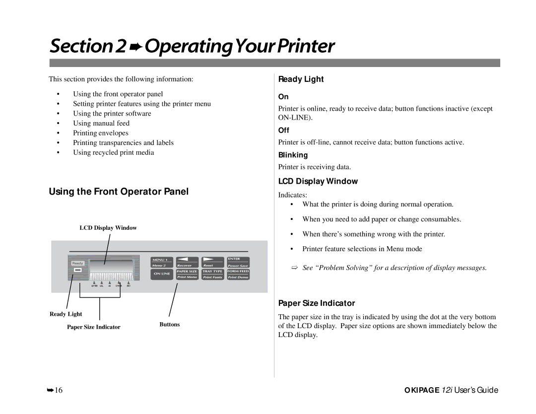 Oki 12i manual Using the Front Operator Panel, Ready Light, LCD Display Window, Paper Size Indicator 