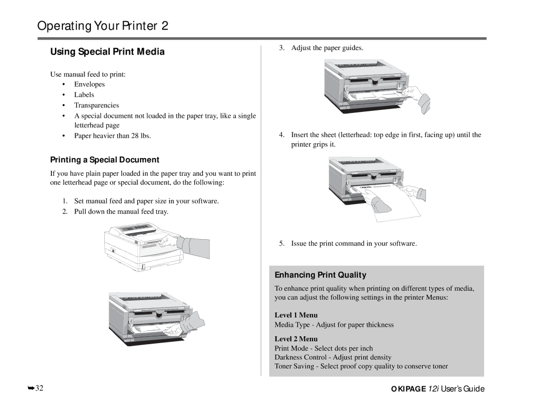 Oki 12i manual Using Special Print Media, Printing a Special Document, Enhancing Print Quality, Level 1 Menu, Level 2 Menu 