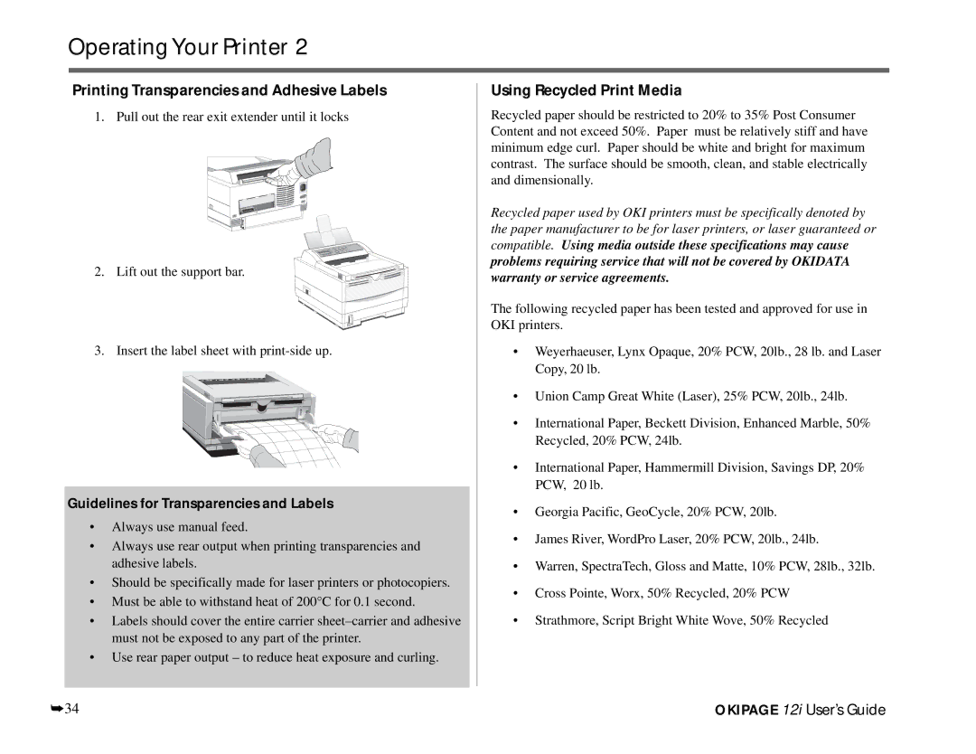 Oki 12i Printing Transparencies and Adhesive Labels, Using Recycled Print Media, Guidelines for Transparencies and Labels 