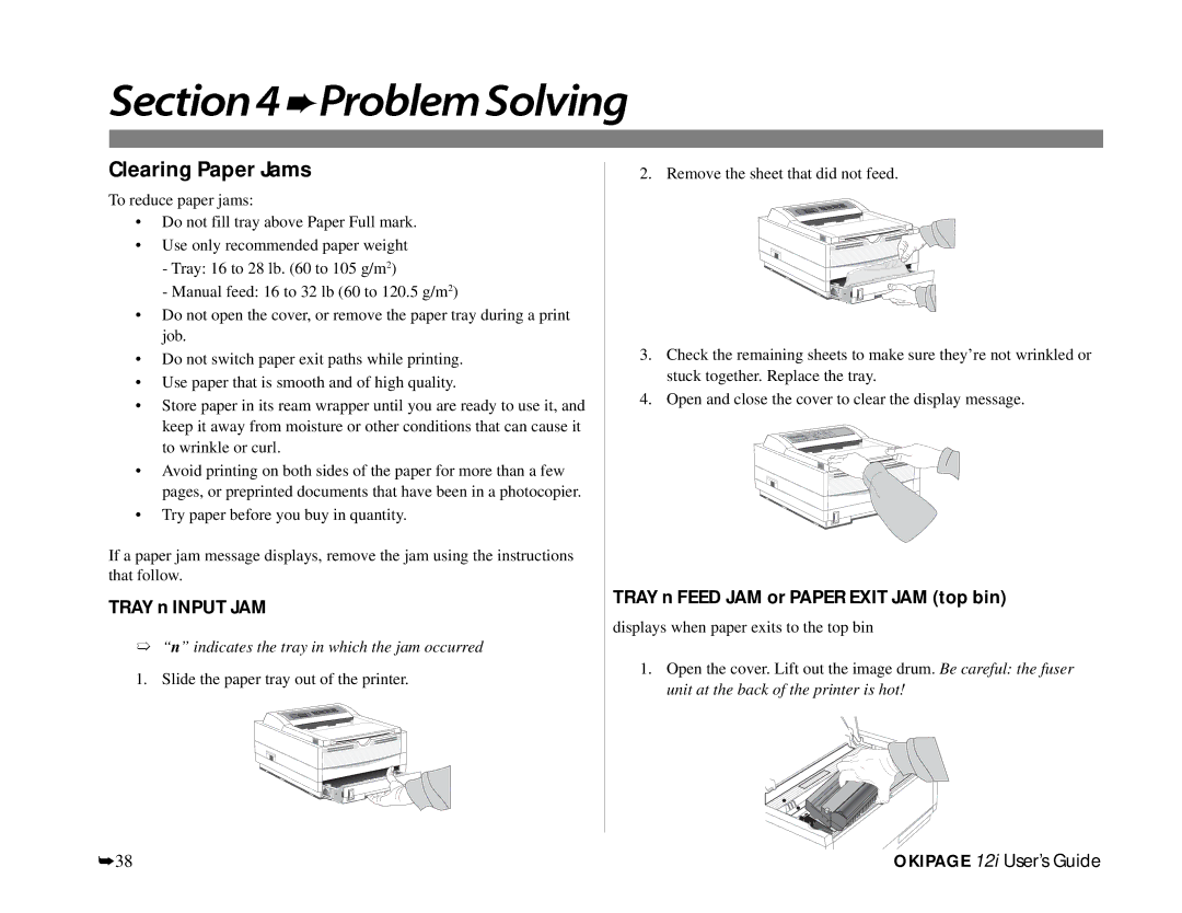 Oki 12i manual Clearing Paper Jams, Tray n Input JAM, Tray n Feed JAM or Paper Exit JAM top bin 