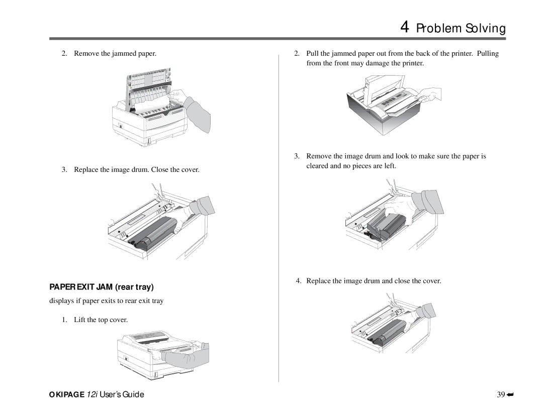 Oki 12i manual Problem Solving, Paper Exit JAM rear tray 