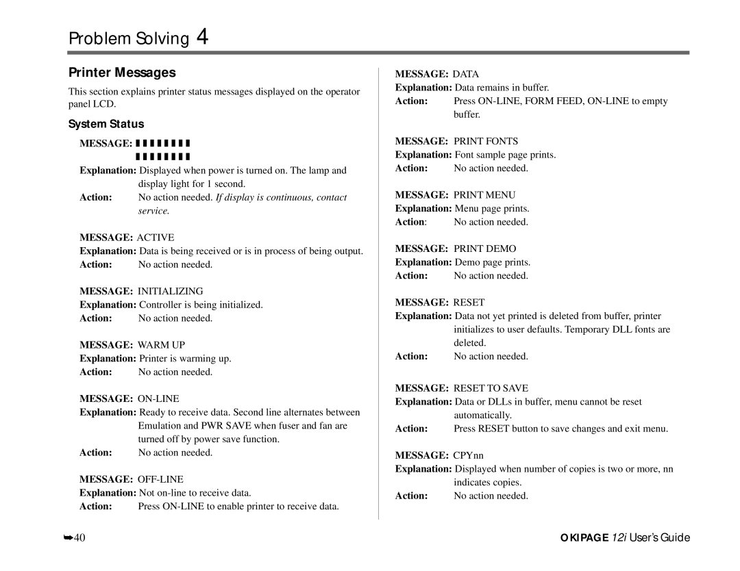 Oki 12i manual Printer Messages, System Status, Message CPYnn 