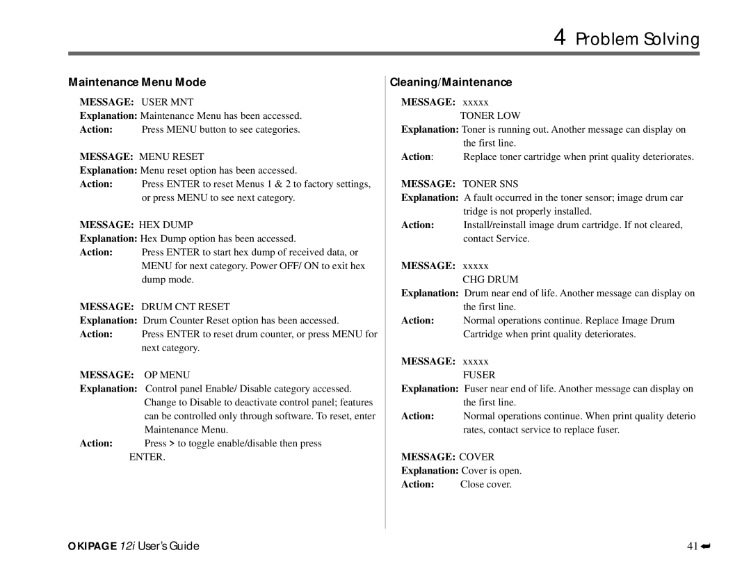 Oki 12i manual Maintenance Menu Mode, Cleaning/Maintenance, Message, Action 