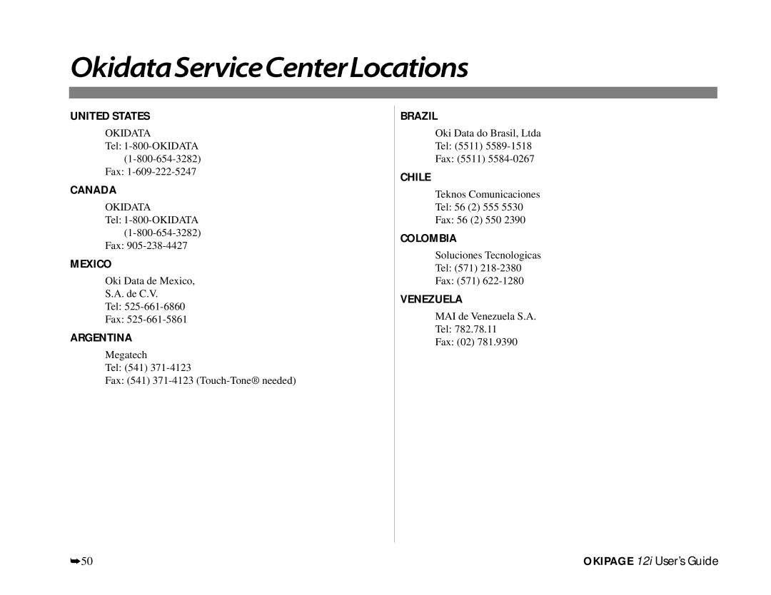 Oki 12i manual OkidataServiceCenterLocations 