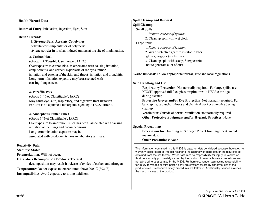 Oki 12i manual Health Hazard Data 