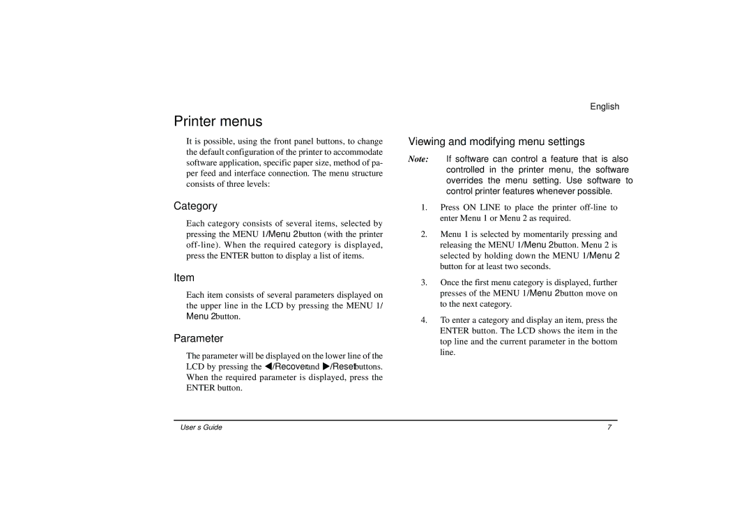 Oki 14i/n, 14ex manual Printer menus, Category, Parameter, Viewing and modifying menu settings 