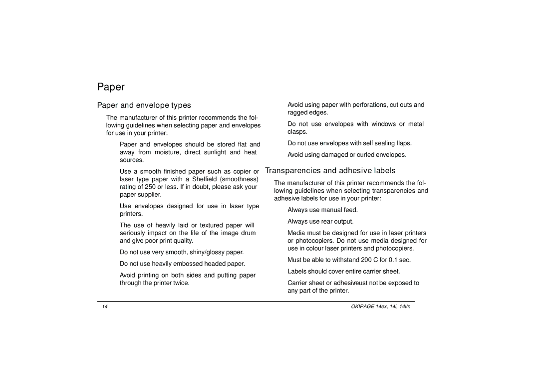 Oki 14ex, 14i/n manual Paper and envelope types, Transparencies and adhesive labels 