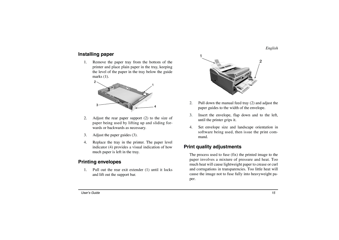 Oki 14ex, 14i/n manual Installing paper, Printing envelopes, Print quality adjustments 