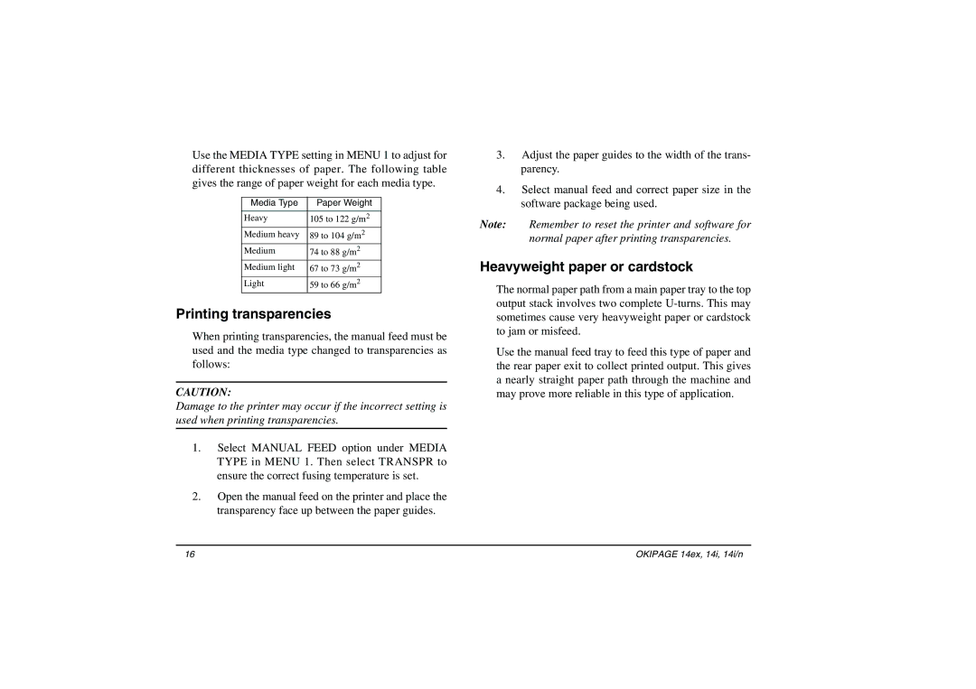 Oki 14i/n, 14ex manual Printing transparencies, Heavyweight paper or cardstock 