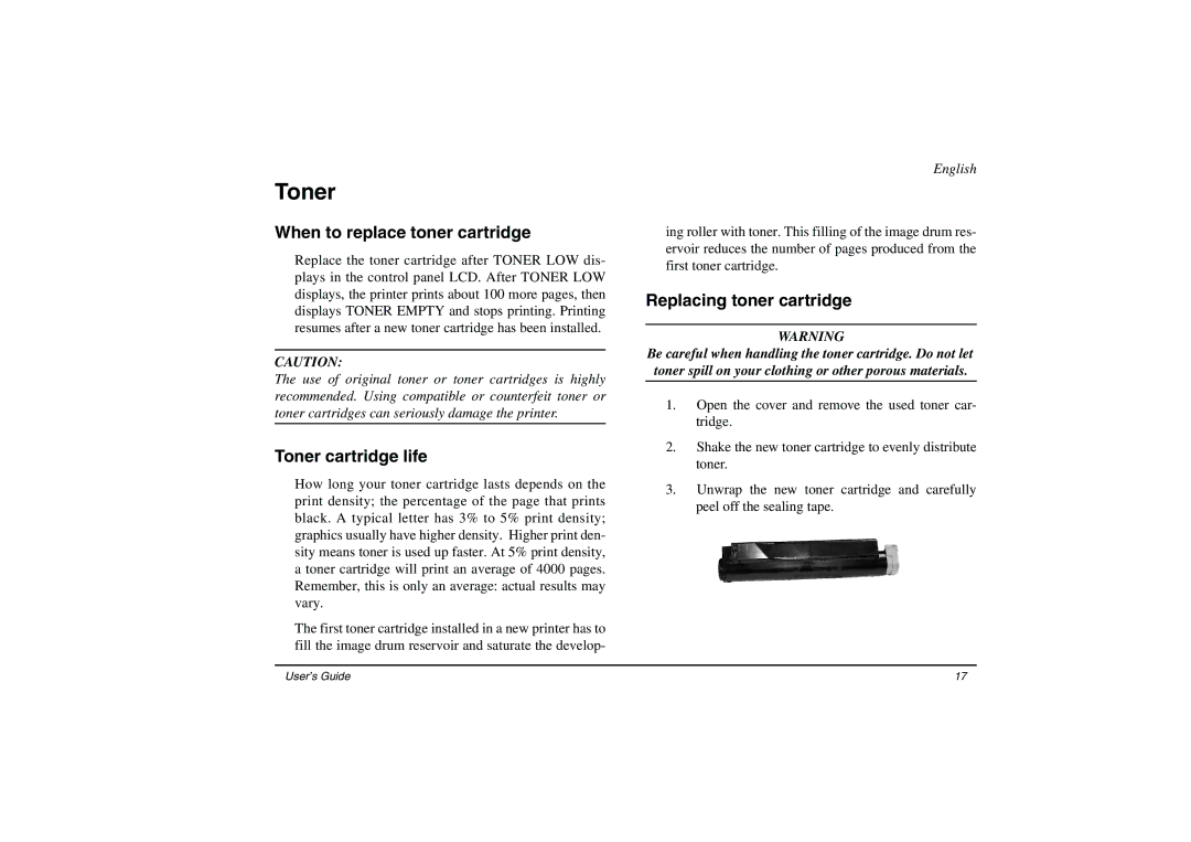 Oki 14ex, 14i/n manual When to replace toner cartridge, Toner cartridge life, Replacing toner cartridge 