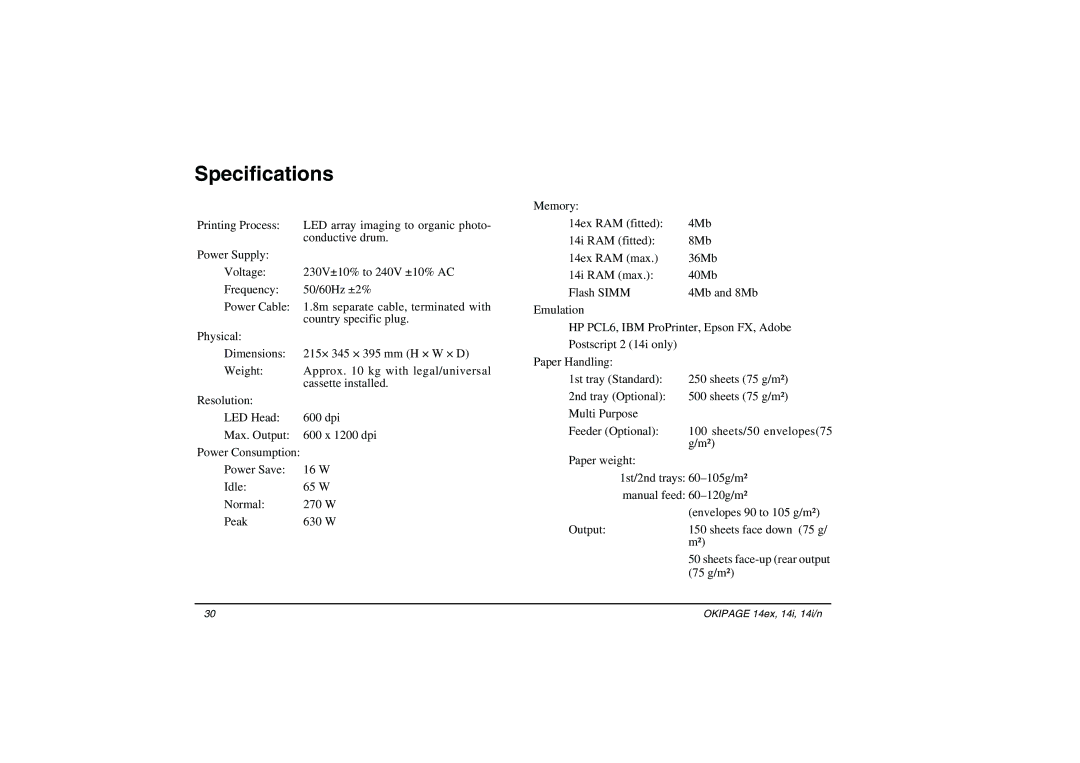 Oki 14ex, 14i/n manual Specifications 