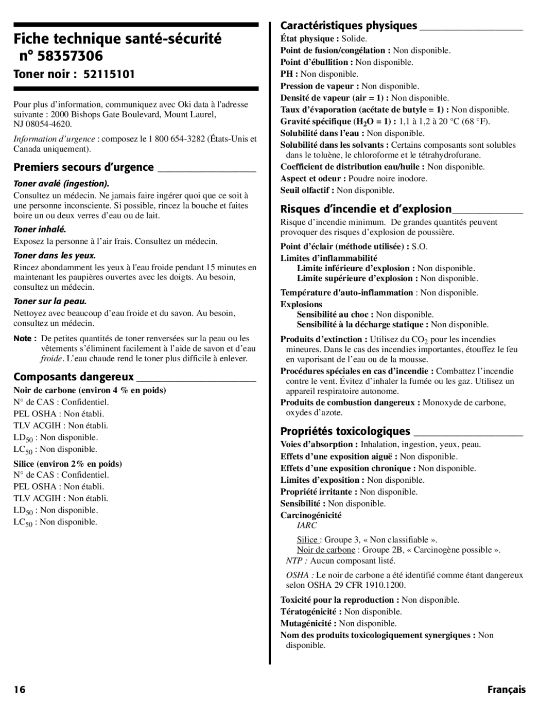 Oki 1624N warranty Fiche technique santé-sécurité n, Toner noir 