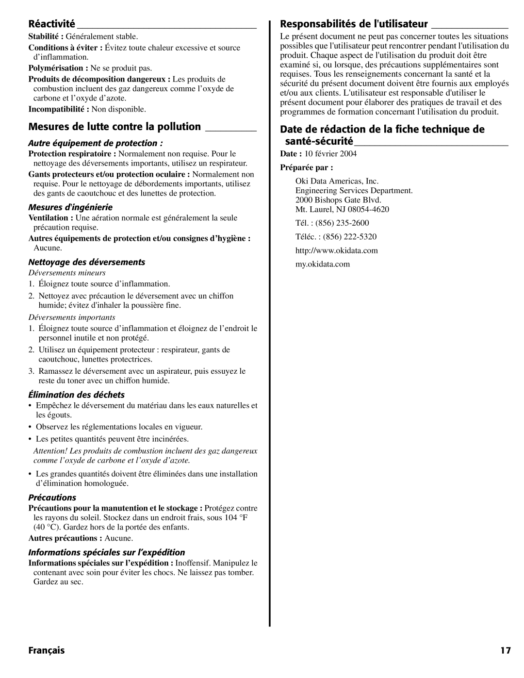 Oki 1624N warranty Réactivité, Mesures de lutte contre la pollution, Responsabilités de lutilisateur 