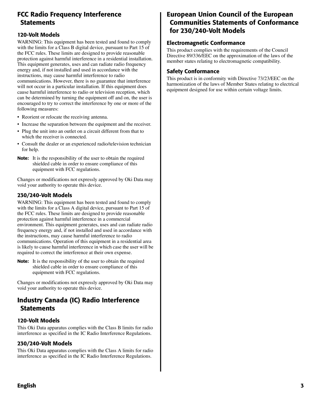 Oki 1624N warranty FCC Radio Frequency Interference Statements, Industry Canada IC Radio Interference Statements 