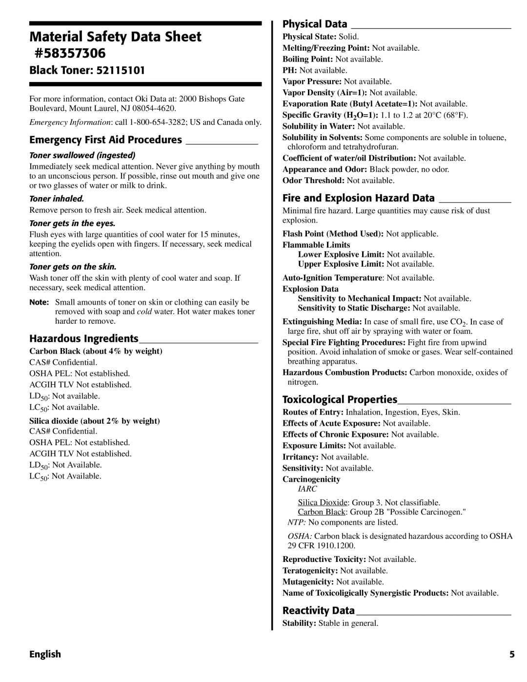 Oki 1624N warranty Material Safety Data Sheet #58357306, Black Toner 