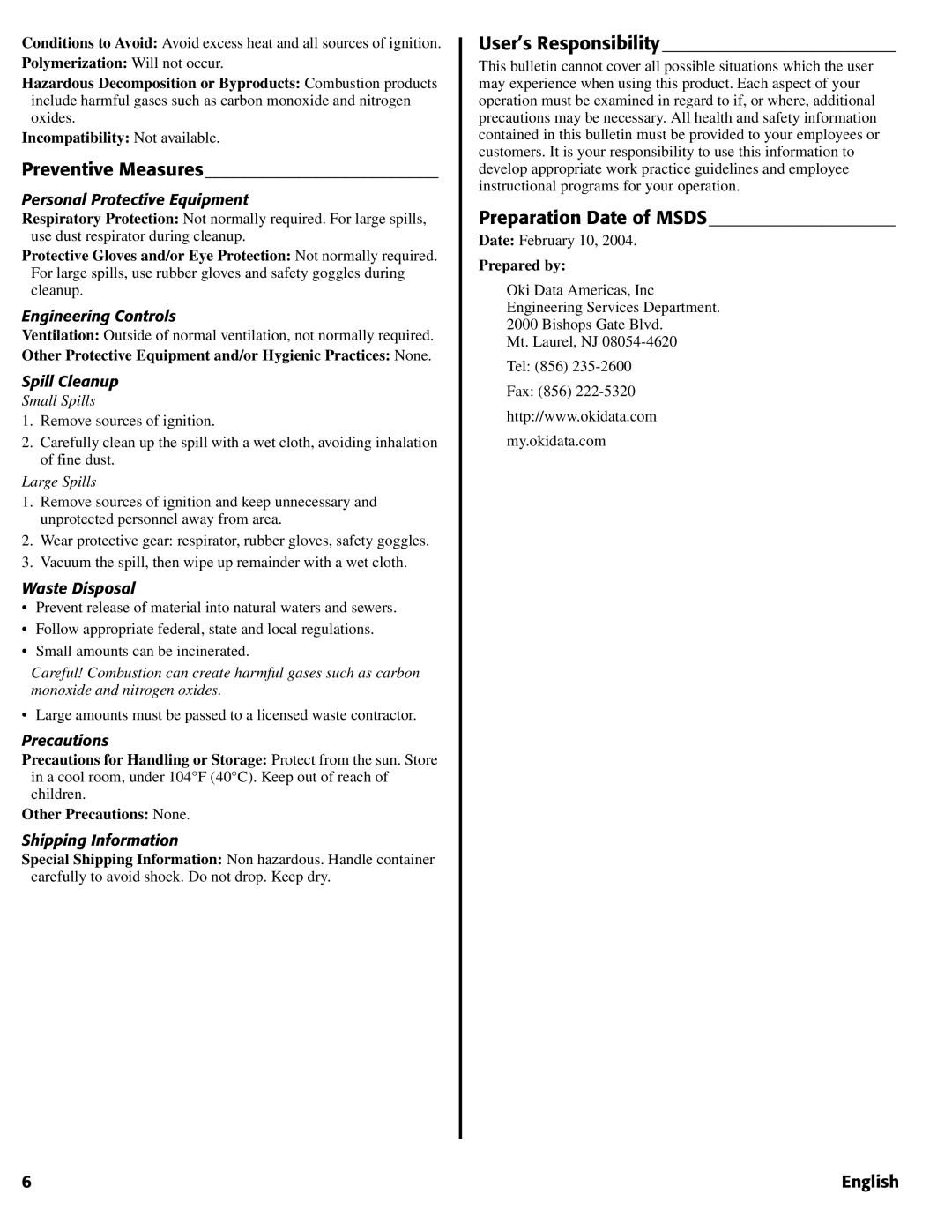 Oki 1624N warranty Preventive Measures, User’s Responsibility, Preparation Date of Msds 