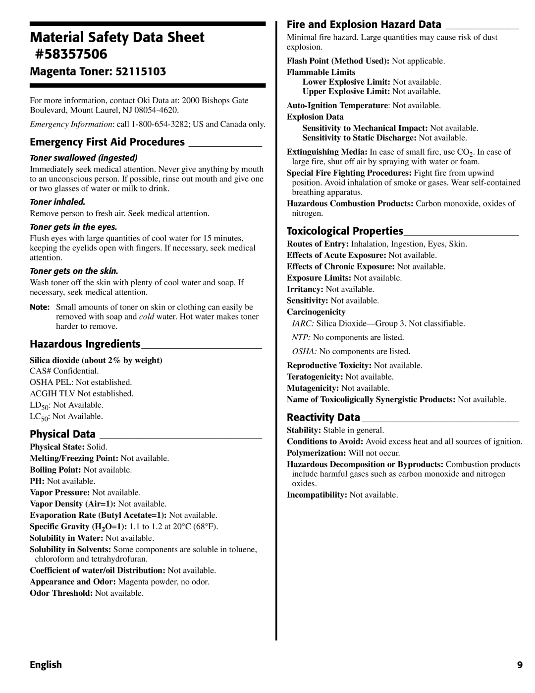 Oki 1624N warranty Material Safety Data Sheet #58357506, Magenta Toner 