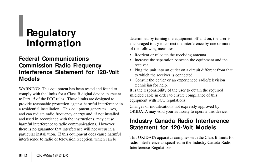 Oki 18/24DXE-2 warranty Regulatory Information, Industry Canada Radio Interference Statement for 120-Volt Models 