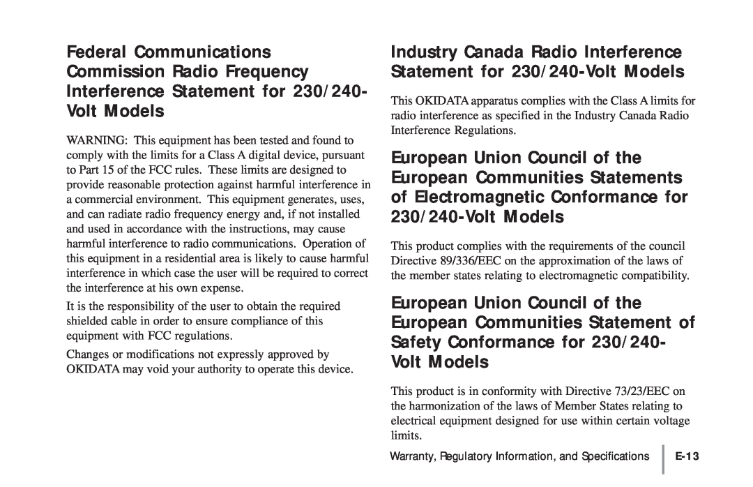 Oki 18/24DXE-2 warranty Industry Canada Radio Interference Statement for 230/240-Volt Models 