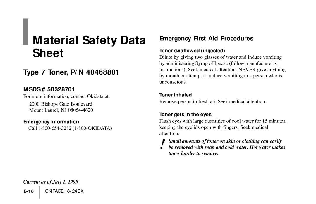 Oki 18/24DXE-2 warranty Material Safety Data Sheet, Msds #, Emergency First Aid Procedures, Current as of July 1 
