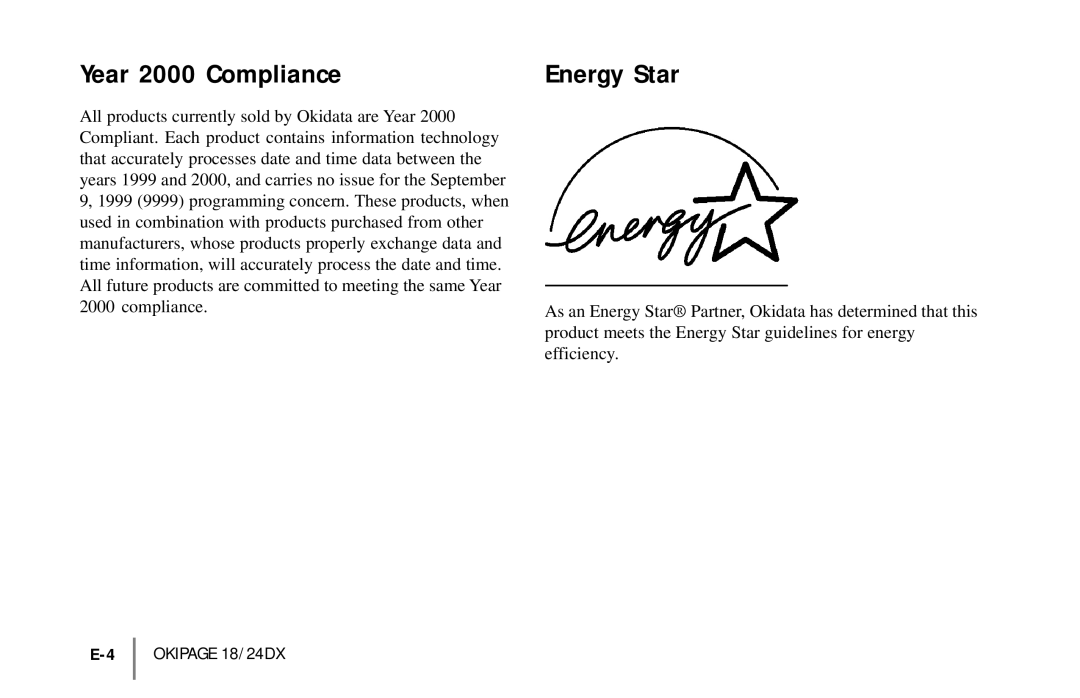 Oki 18/24DXE-2 warranty Year 2000 Compliance, Energy Star, E-4 OKIPAGE 18/24DX 