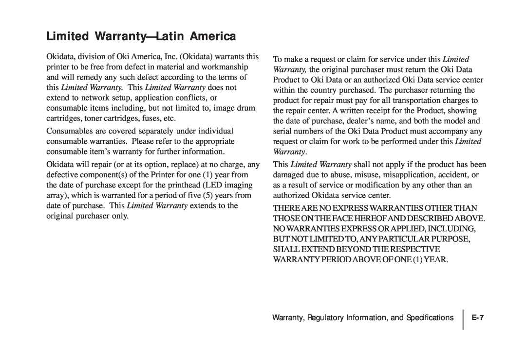 Oki 18/24DXE-2 warranty Limited Warranty-Latin America, Warranty, Regulatory Information, and Specifications E-7 