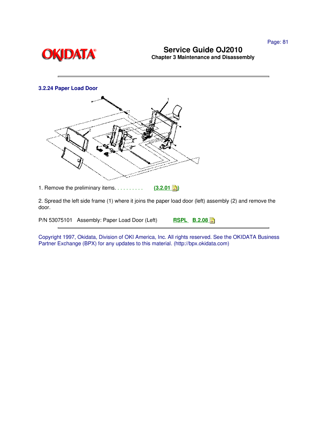 Oki 2010 manual Paper Load Door, Rspl B.2.08 