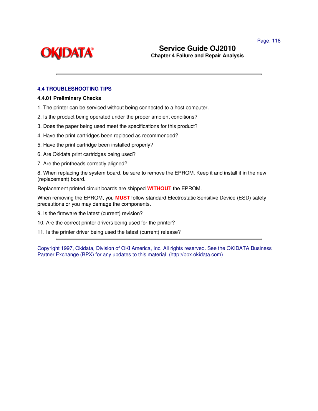 Oki 2010 manual Troubleshooting Tips 4.4.01 Preliminary Checks 