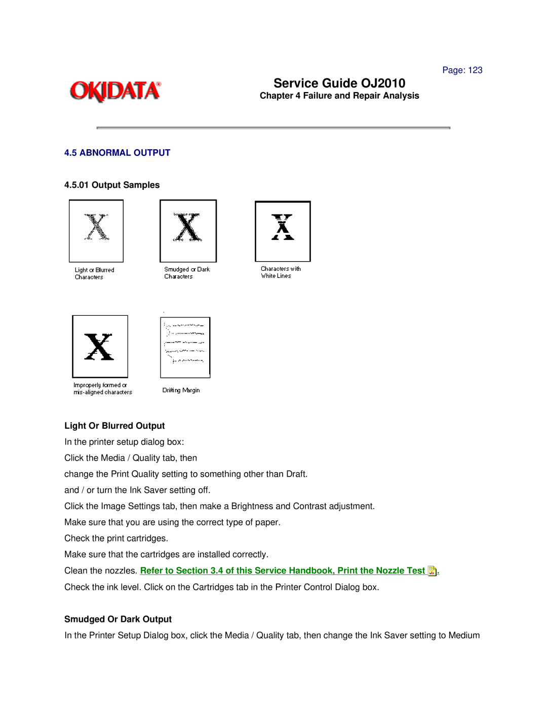 Oki 2010 manual Abnormal Output, Output Samples Light Or Blurred Output, Smudged Or Dark Output 