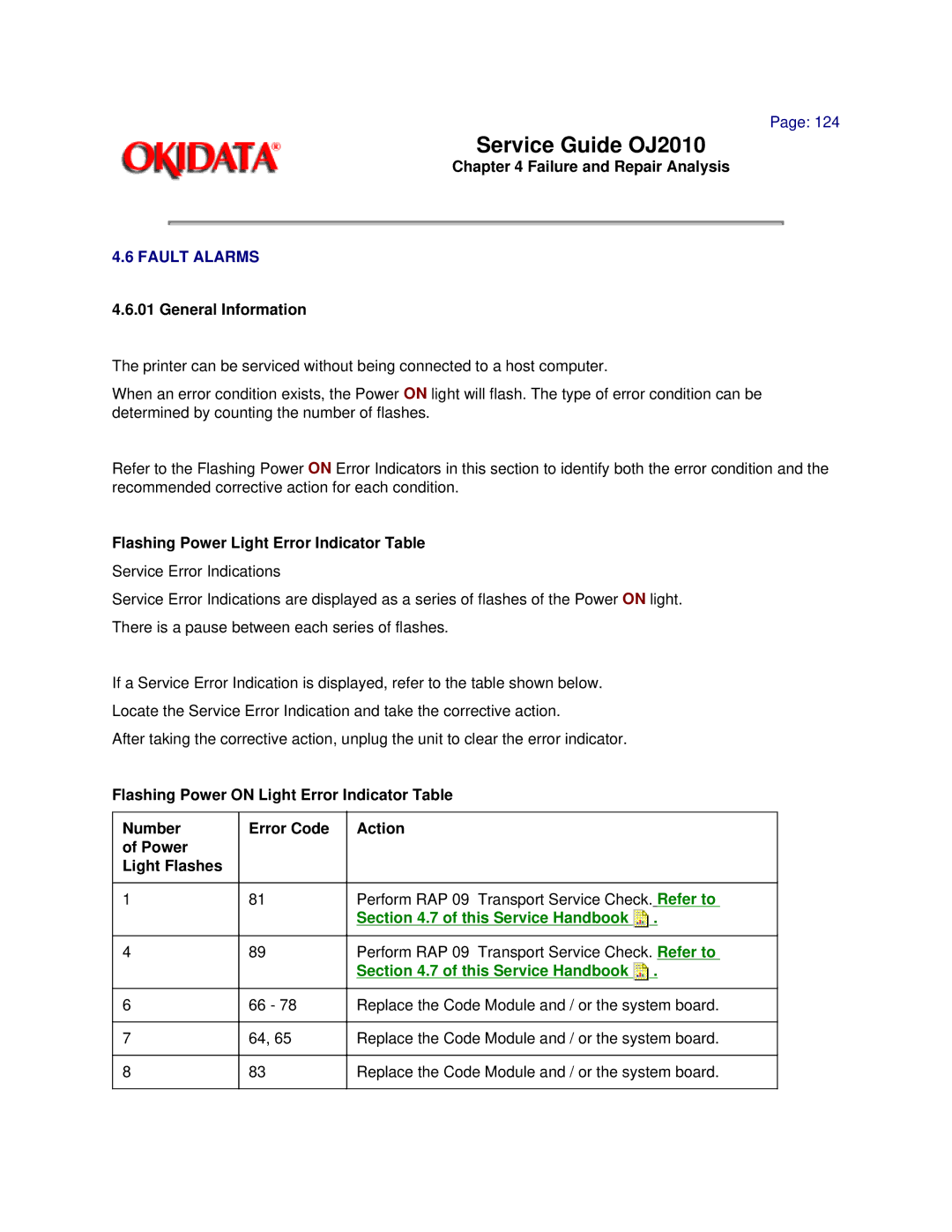 Oki 2010 manual Fault Alarms, Flashing Power Light Error Indicator Table, This Service Handbook 