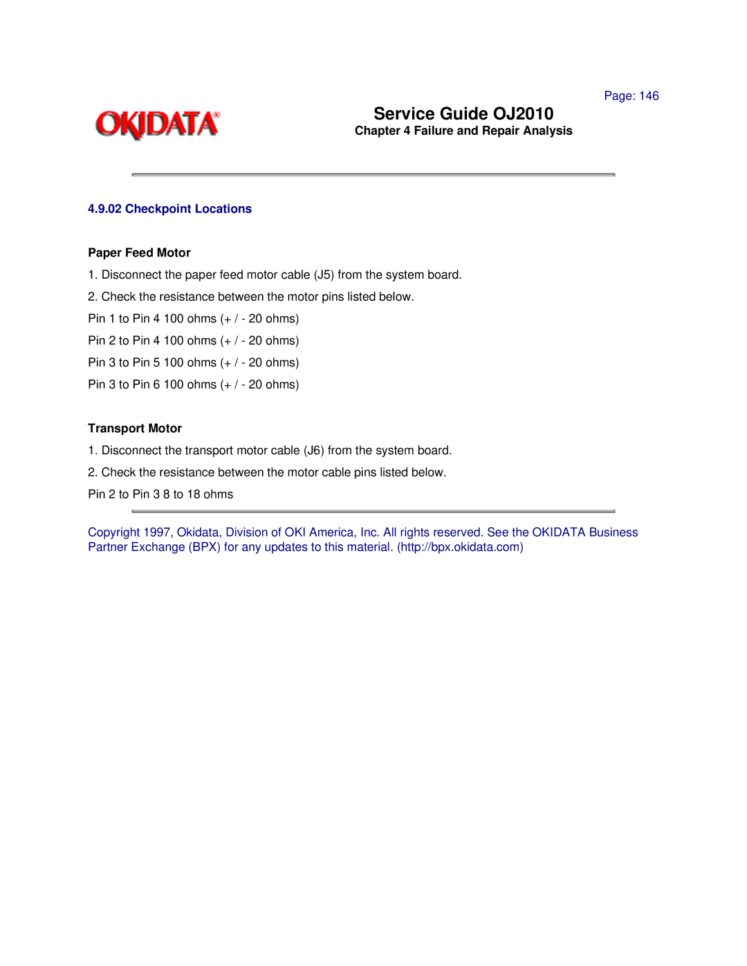 Oki 2010 manual Checkpoint Locations, Paper Feed Motor, Transport Motor 