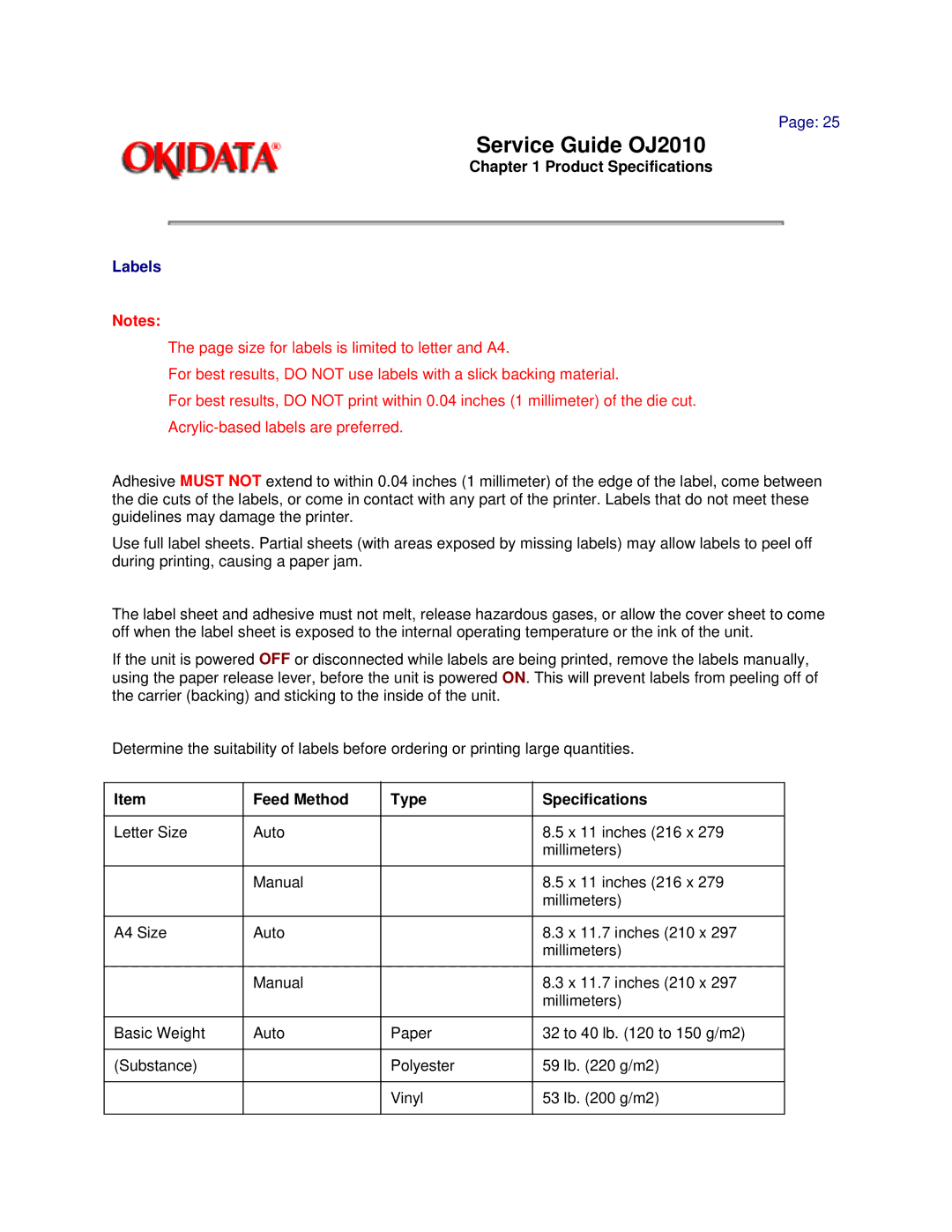 Oki 2010 manual Labels, Feed Method Type Specifications 