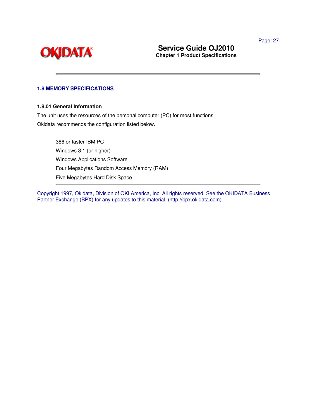 Oki 2010 manual Memory Specifications, General Information 