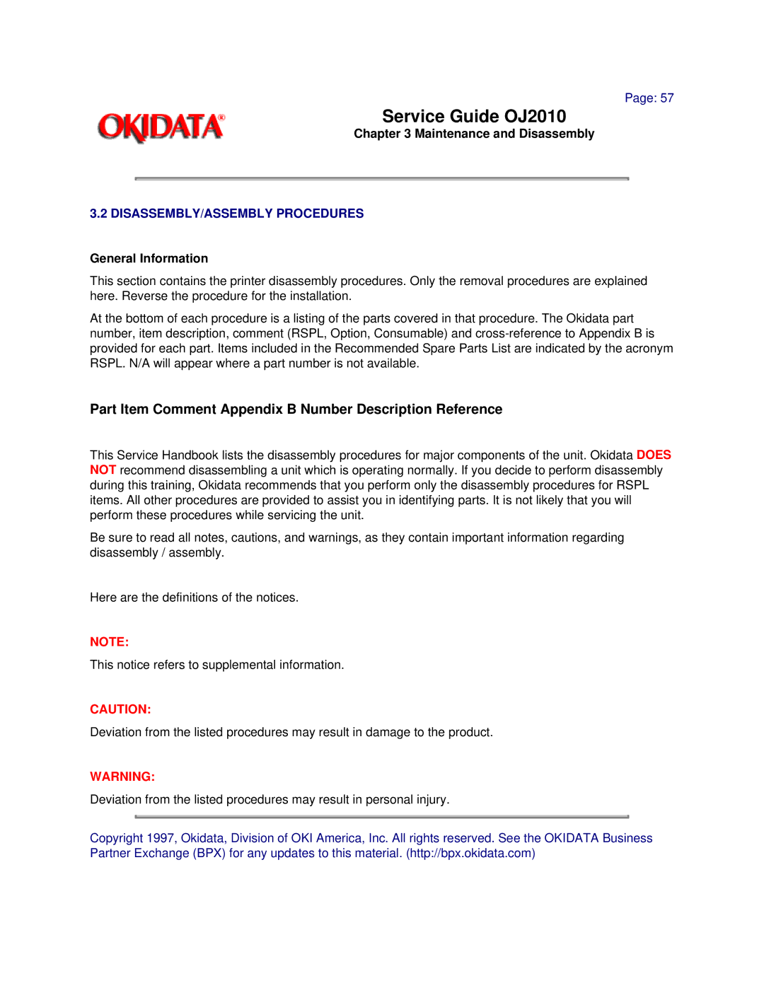 Oki 2010 manual Part Item Comment Appendix B Number Description Reference, DISASSEMBLY/ASSEMBLY Procedures 