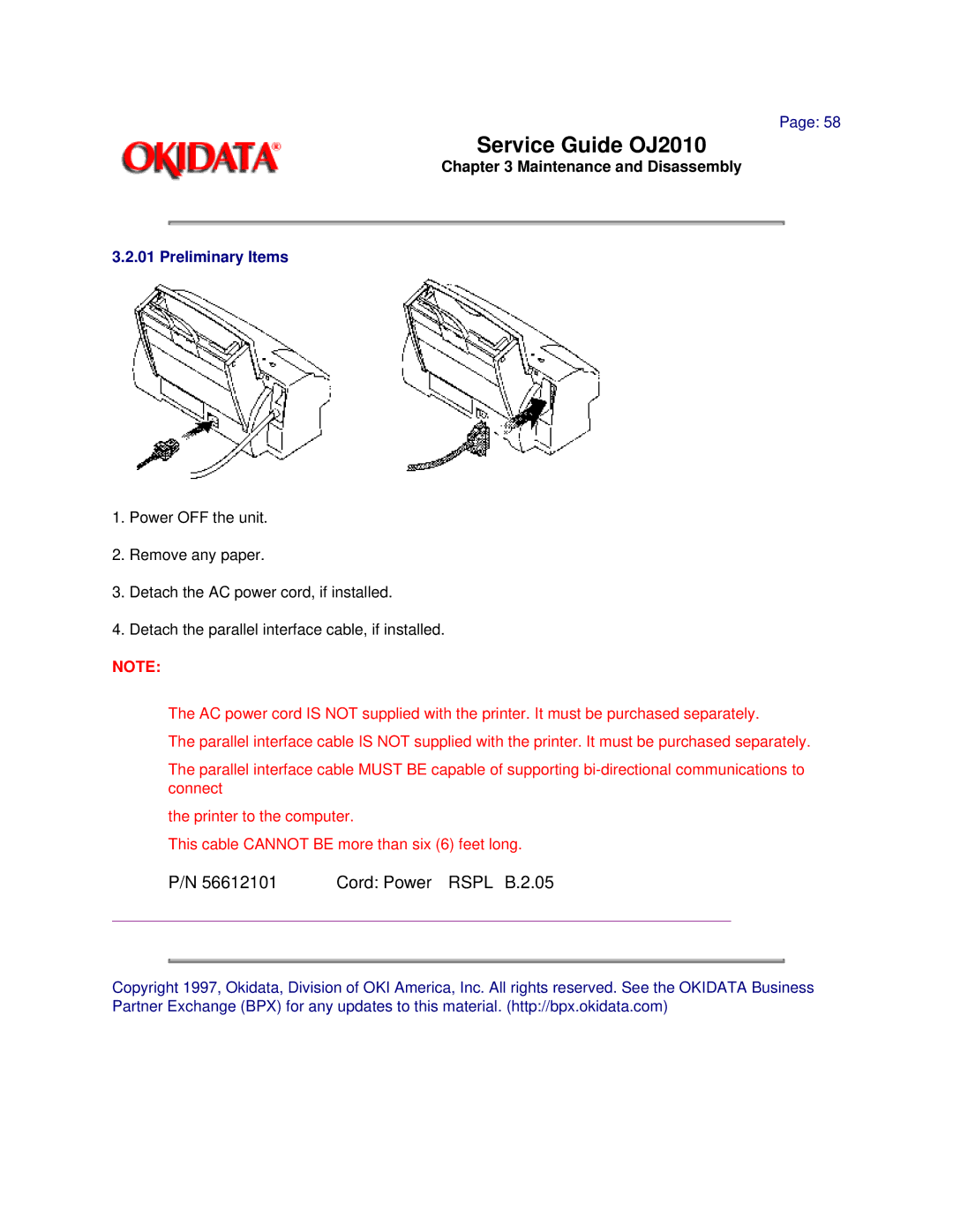 Oki 2010 manual Cord Power Rspl B.2.05, Preliminary Items 