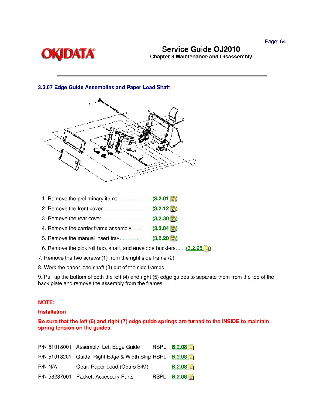 Oki 2010 manual Maintenance and Disassembly, Edge Guide Assemblies and Paper Load Shaft 