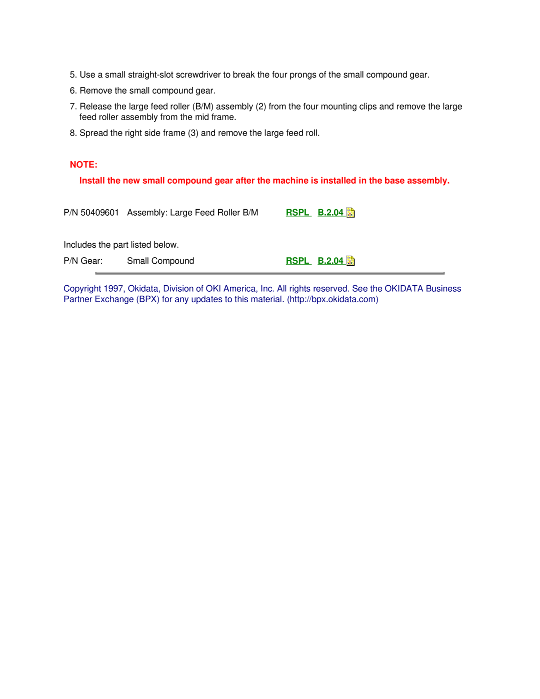 Oki 2010 manual Assembly Large Feed Roller B/M 